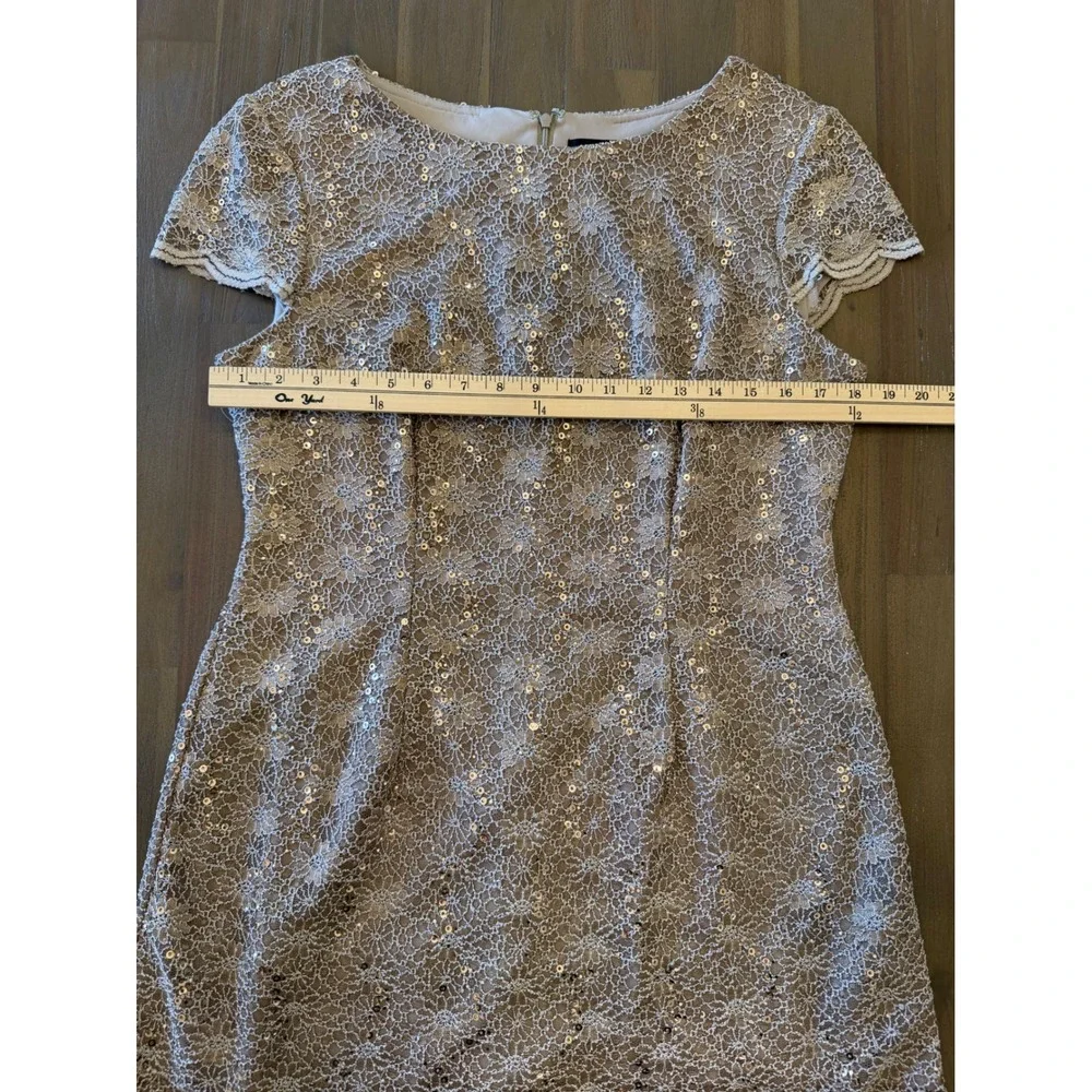 Alex‎ Evenings Petite Sequin Floral Lace Tiered Sheath Dress Taupe Beige 14P